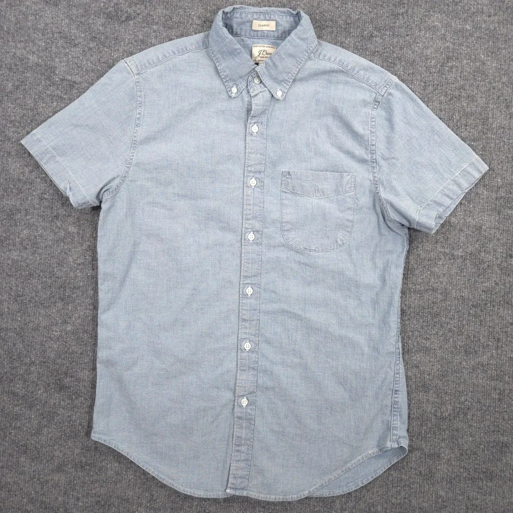 J Crew Chambray Shirt Mens S Blue Organic Cotton Classic Fit Short Sleeve Preppy
